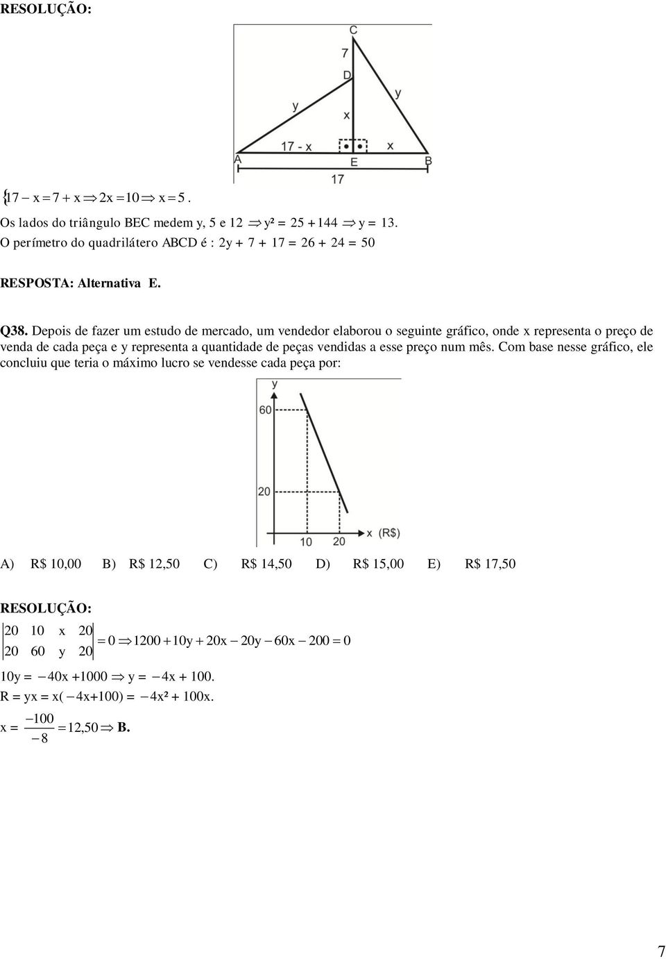 Depois de fazer um estudo de mercado, um vendedor elaborou o seguinte gráfico, onde representa o preço de venda de