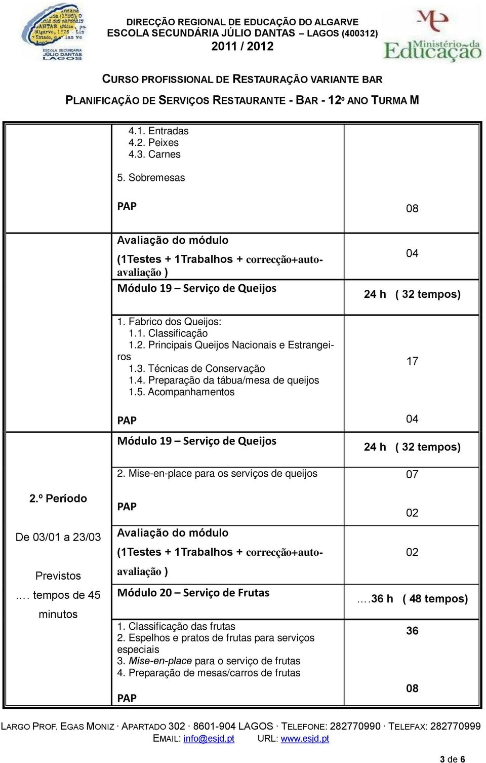 Acompanhamentos Módulo 19 Serviço de Queijos 2. Mise-en-place para os serviços de queijos Módulo 20 Serviço de Frutas 1. Classificação das frutas 2.