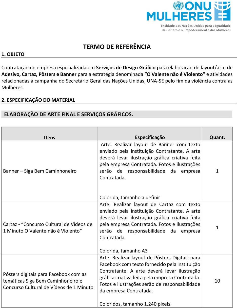 ESPECIFICAÇÃO DO MATERIAL ELABORAÇÃO DE ARTE FINAL E SERVIÇOS GRÁFICOS. Itens Especificação Quant. Arte: Realizar layout de Banner com texto enviado pela instituição Contratante.