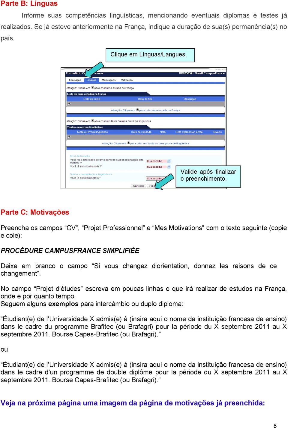 Parte C: Motivações Preencha os campos CV, Projet Professionnel e Mes Motivations com o texto seguinte (copie e cole): PROCÉDURE CAMPUSFRANCE SIMPLIFIÉE Deixe em branco o campo Si vous changez