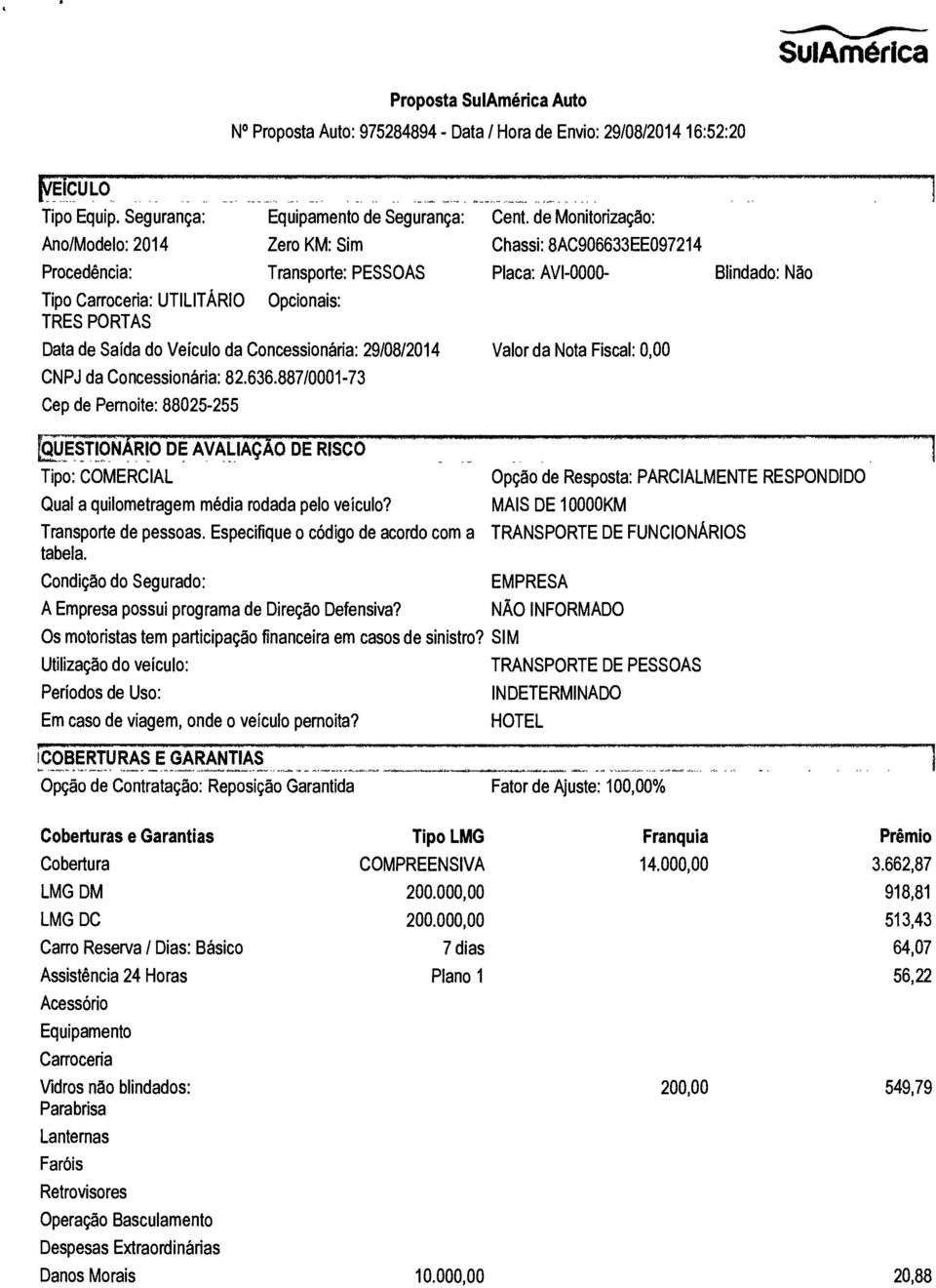 Saida do Veiculo da Concessionária: 29/08/2014 Valor da Nota Fiscal: 0,00 CNPJ da Concessionária: 82.636.887/0001-73 Cep de Pernoite: 88025-255 QUESTION RIO DE AVALIAg O DE RISCO.