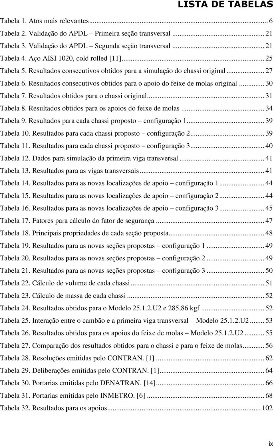 Resultados consecutivos obtidos para o apoio do feixe de molas original... 30 Tabela 7. Resultados obtidos para o chassi original... 31 Tabela 8. Resultados obtidos para os apoios do feixe de molas.