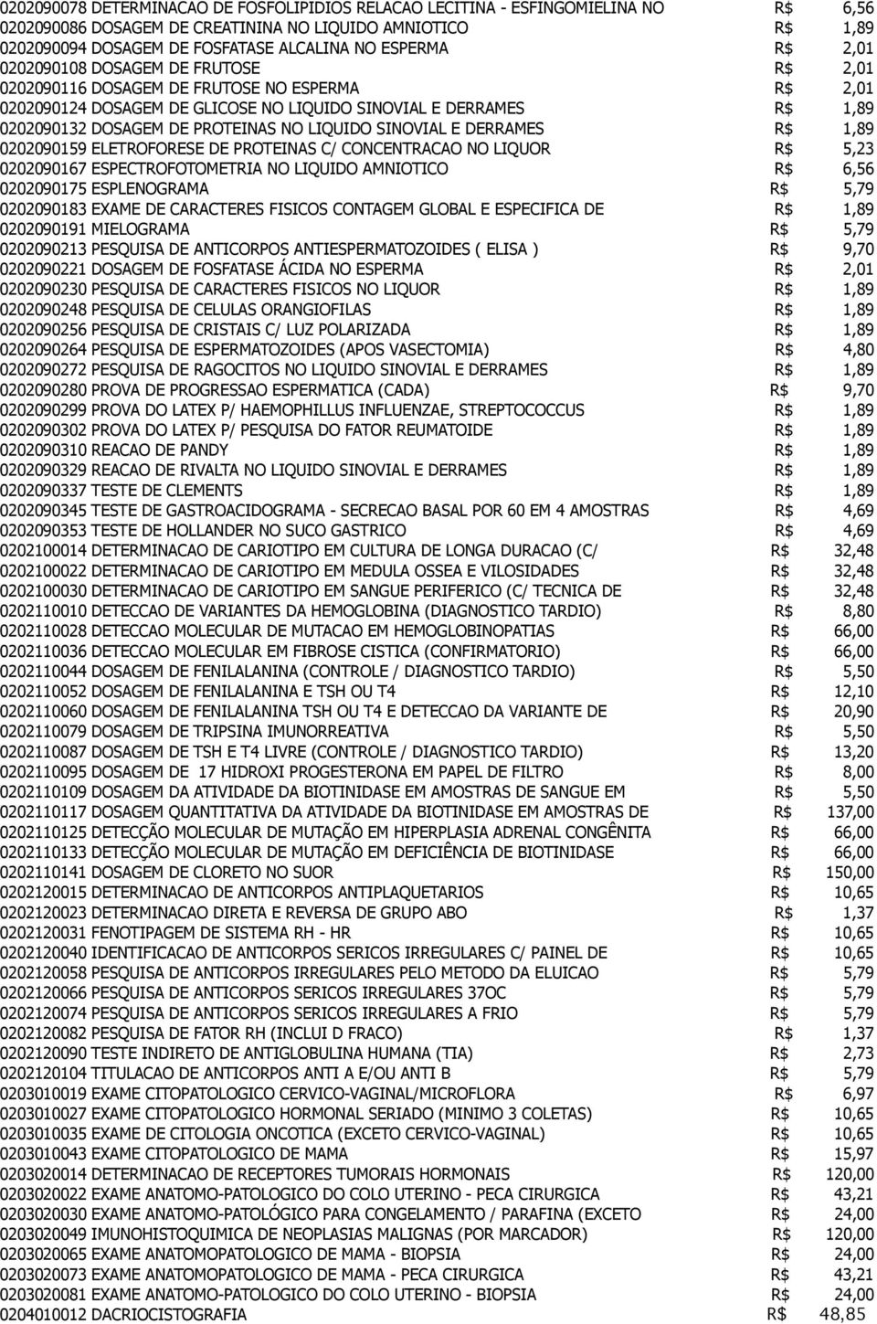 LIQUIDO SINOVIAL E DERRAMES R$ 1,89 0202090159 ELETROFORESE DE PROTEINAS C/ CONCENTRACAO NO LIQUOR R$ 5,23 0202090167 ESPECTROFOTOMETRIA NO LIQUIDO AMNIOTICO R$ 6,56 0202090175 ESPLENOGRAMA R$ 5,79