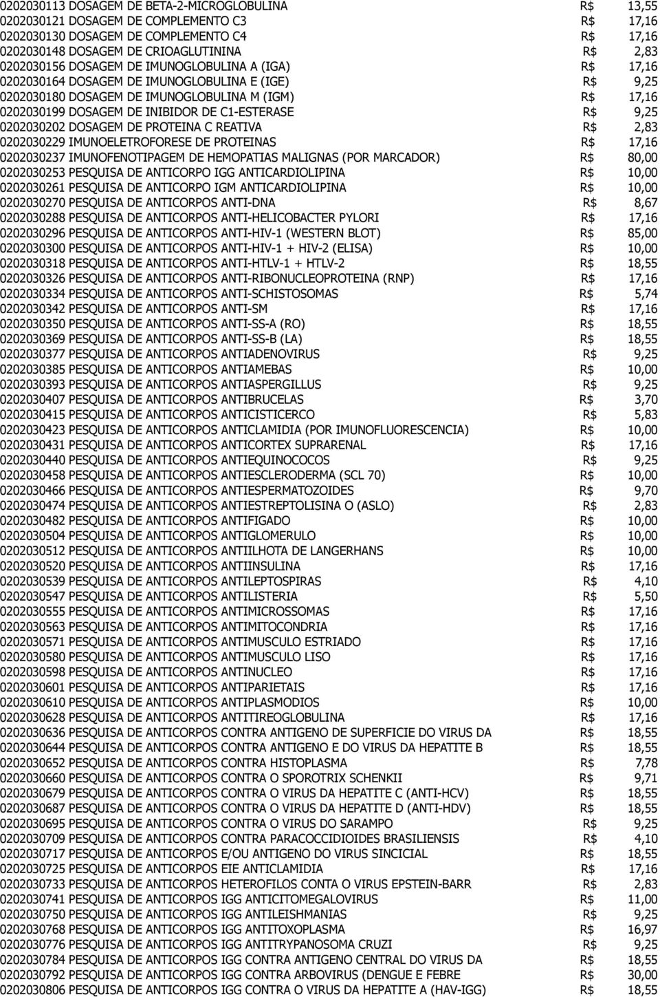 C1-ESTERASE R$ 9,25 0202030202 DOSAGEM DE PROTEINA C REATIVA R$ 2,83 0202030229 IMUNOELETROFORESE DE PROTEINAS R$ 17,16 0202030237 IMUNOFENOTIPAGEM DE HEMOPATIAS MALIGNAS (POR MARCADOR) R$ 80,00
