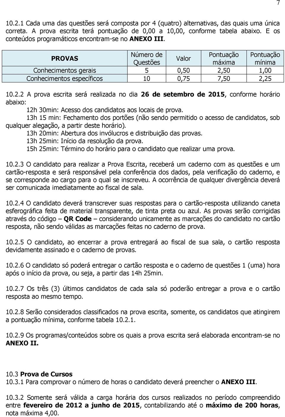 PROVAS Número de Pontuação Pontuação Valor Questões máxima mínima Conhecimentos gerais 5 0,50 2,