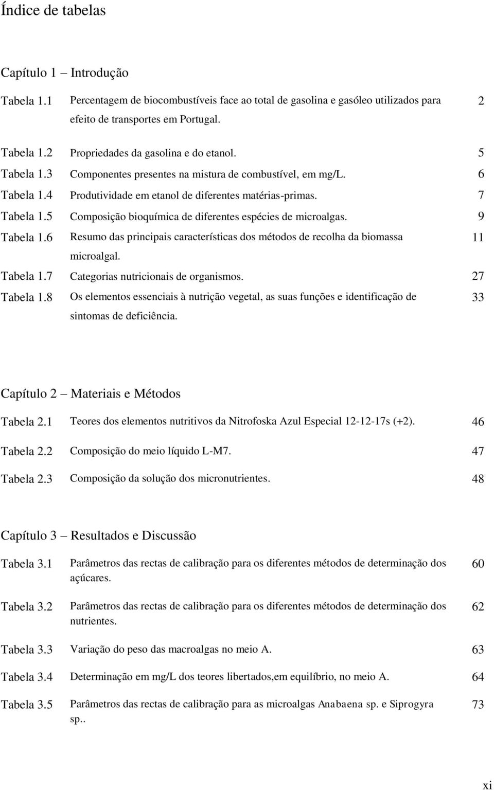 5 Composição bioquímica de diferentes espécies de microalgas. 9 Tabela 1.6 Resumo das principais características dos métodos de recolha da biomassa 11 microalgal. Tabela 1.7 Categorias nutricionais de organismos.