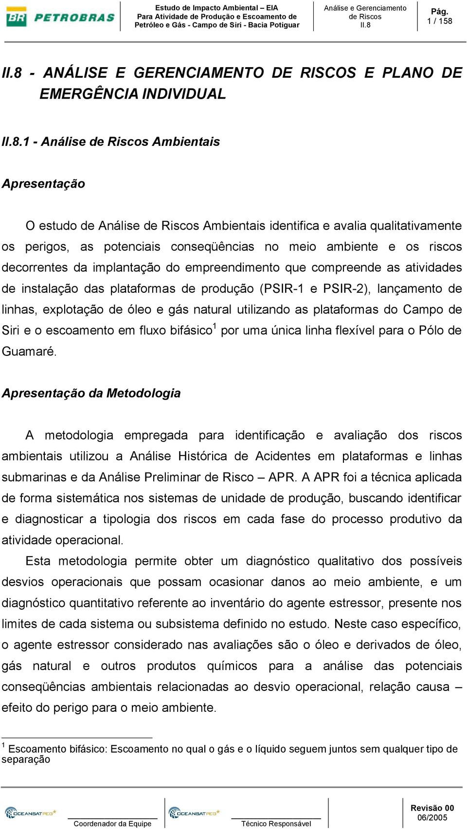 1 - Análise Ambientais Apresentação O estudo de Análise Ambientais identifica e avalia qualitativamente os perigos, as potenciais conseqüências no meio ambiente e os riscos decorrentes da implantação