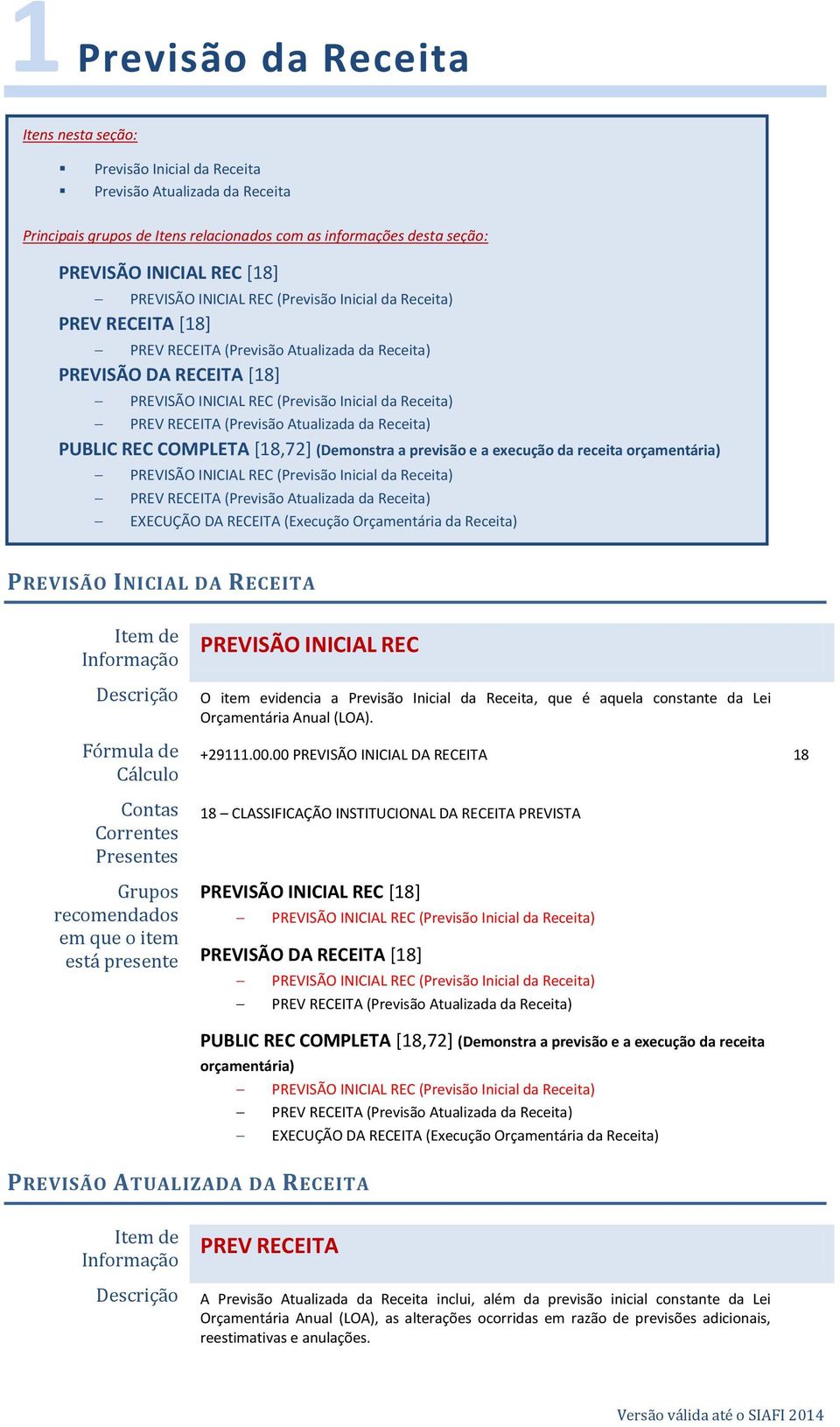 RECEITA (Previsão Atualizada da Receita) PUBLIC REC COMPLETA [18,72] (Demonstra a previsão e a execução da receita orçamentária) PREVISÃO INICIAL REC (Previsão Inicial da Receita) PREV RECEITA