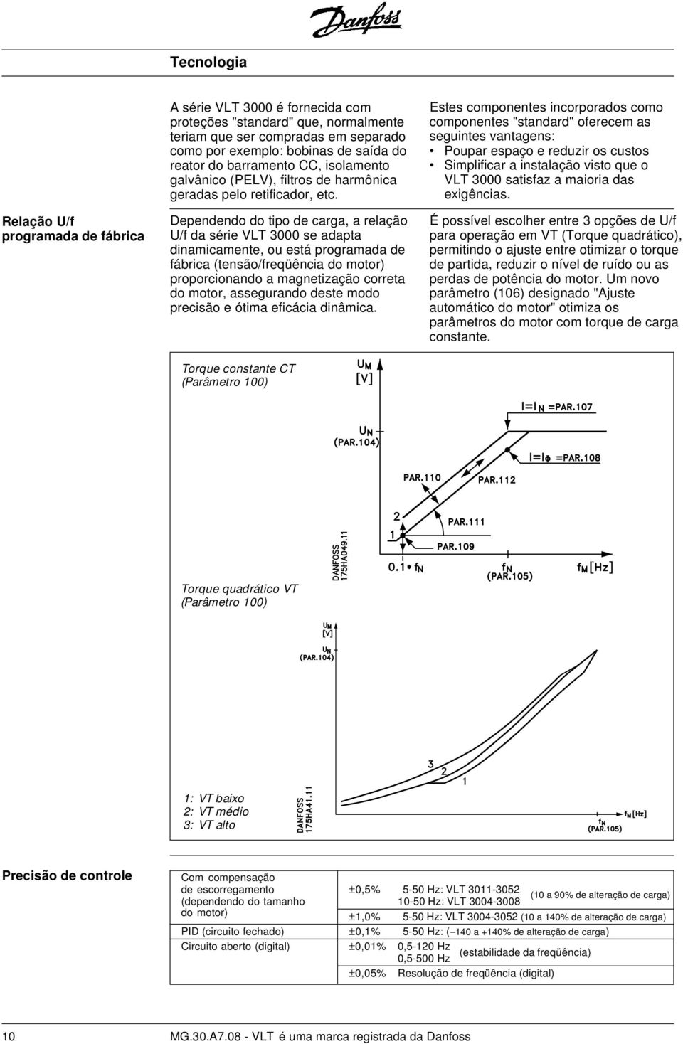 Dependendo do tipo de carga, a relação U/f da série VLT 3000 se adapta dinamicamente, ou está programada de fábrica (tensão/freqüência do motor) proporcionando a magnetização correta do motor,