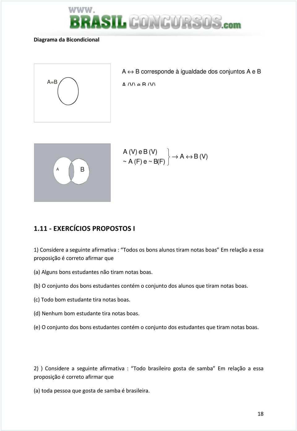 notas boas. (b) O conjunto dos bons estudantes contém o conjunto dos alunos que tiram notas boas. (c) Todo bom estudante tira notas boas. (d) Nenhum bom estudante tira notas boas.