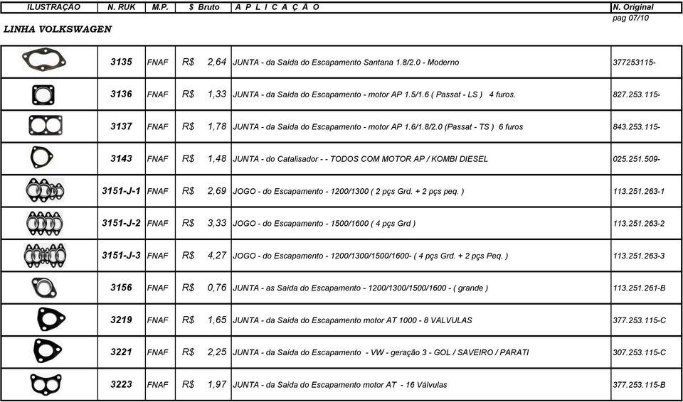 251.509-3151-J-1 FNAF R$ 2,69 JOGO - do Escapamento - 1200/1300 ( 2 pçs Grd. + 2 pçs peq. ) 113.251.263-1 3151-J-2 FNAF R$ 3,33 JOGO - do Escapamento - 1500/1600 ( 4 pçs Grd ) 113.251.263-2 3151-J-3 FNAF R$ 4,27 JOGO - do Escapamento - 1200/1300/1500/1600- ( 4 pçs Grd.