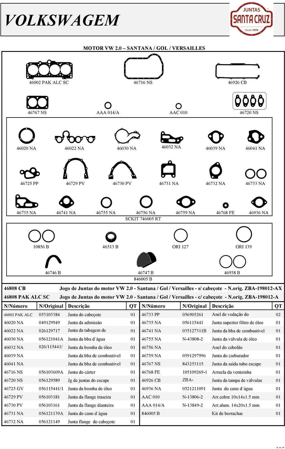 46733 NA 46735 NA 46741 NA 46755 NA 46756 NA 46759 NA 46768 FE 46936 NA SCKIT 746005 RT 10856 B 46513 B ORI 127 ORI 139 46746 B 46747 B 46938 B 846005 B 46808 CB Jogo de Juntas do motor VW 2.
