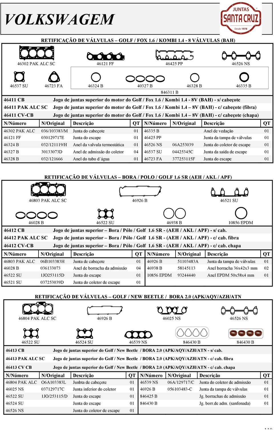 4-8V (BAH) - s/ cabeçote 46411 PAK ALC SC Jogo de juntas superior do motor do Golf / Fox 1.6 / Kombi 1.4 8V (BAH) - c/ cabeçote (fibra) 46411 CV-CB Jogo de juntas superior do motor do Golf / Fox 1.