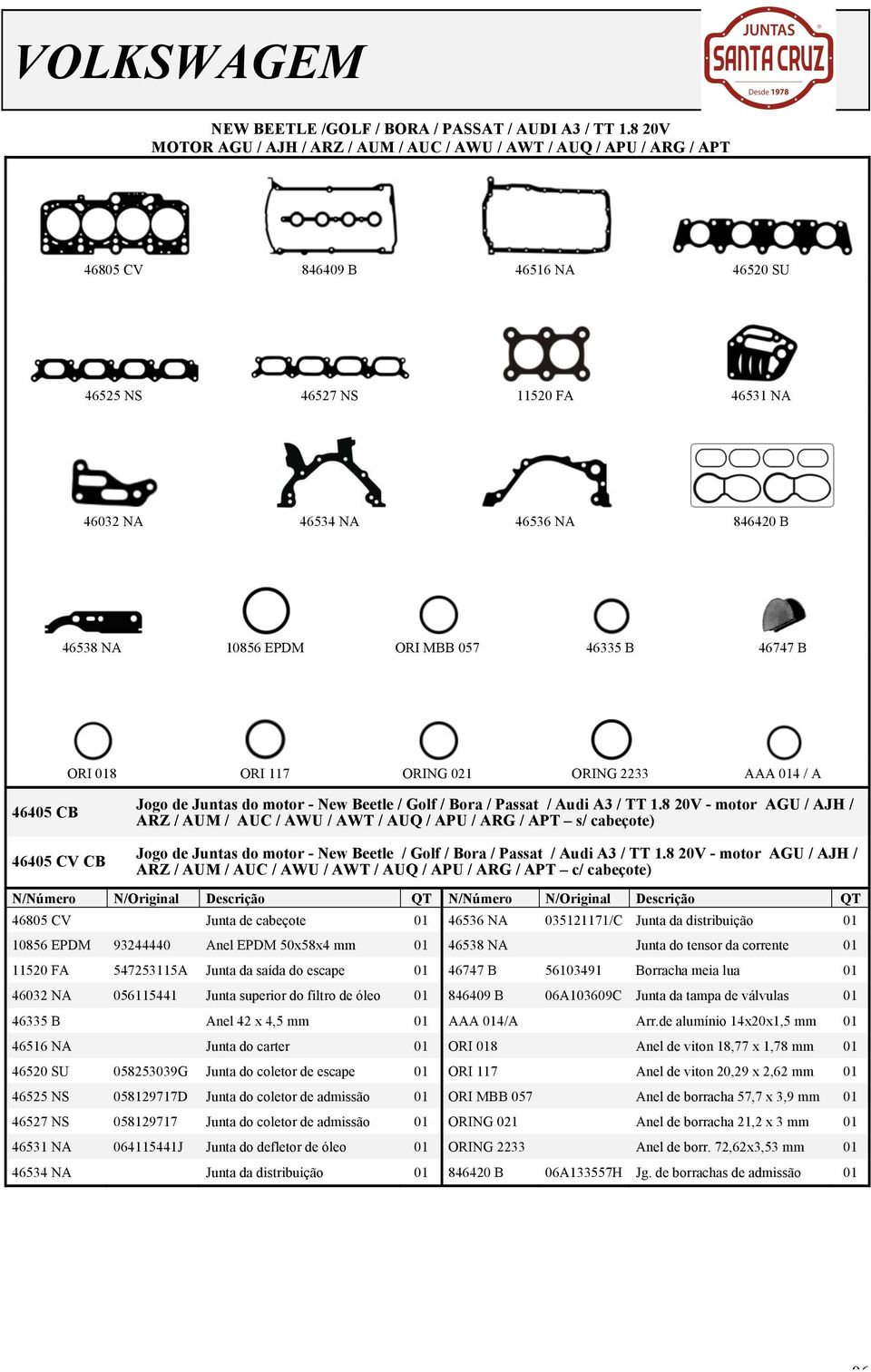 EPDM ORI MBB 057 46335 B 46747 B ORI 018 ORI 117 ORING 021 ORING 2233 AAA 014 / A 46405 CB 46405 CV CB Jogo de Juntas do motor - New Beetle / Golf / Bora / Passat / Audi A3 / TT 1.