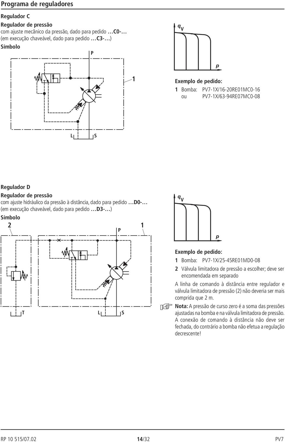 ímbolo 2 1 q V p T L Exemplo de pedido: 1 Bomba: V7-1X/25-45RE01MD0-08 2 Válvula limitadora de pressão a escolher; deve ser encomendada em separado A linha de comando à distância entre regulador e