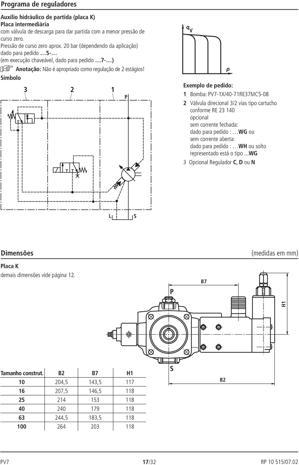 ímbolo 3 2 1 q V p Exemplo de pedido: 1 Bomba: V7-1X/40-71RE37MC5-08 2 Válvula direcional 3/2 vias tipo cartucho conforme RE 23 140 opcional sem corrente fechada: dado para pedido : WG ou sem