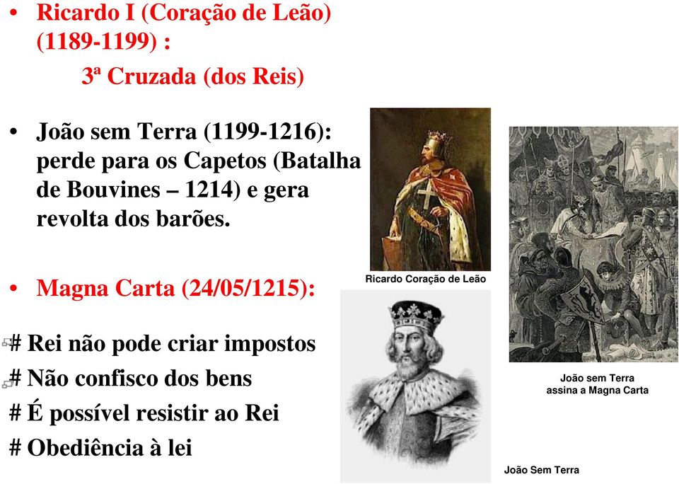 Magna Carta (24/05/1215): Ricardo Coração de Leão # Rei não pode criar impostos # Não