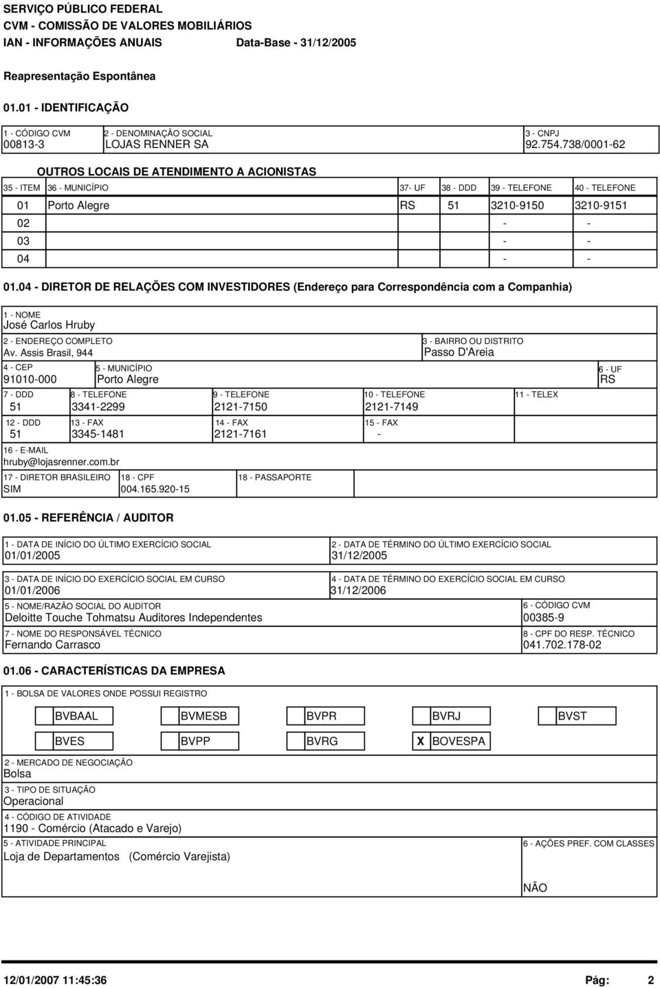 3210-9150 3210-9151 02 - - 03 - - 04 - - 01.04 - DIRETOR DE RELAÇÕES COM INVESTIDORES (Endereço para Correspondência com a Companhia) 1 - NOME José Carlos Hruby 2 - ENDEREÇO COMPLETO Av.