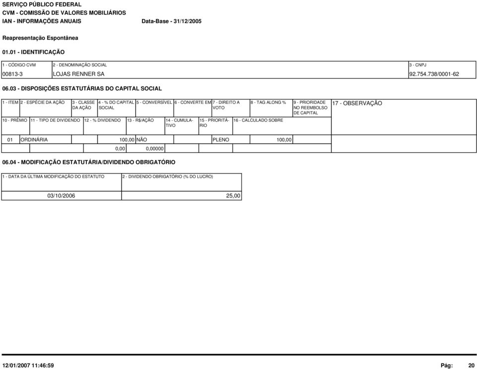 TIPO DE DIVIDENDO 12 - % DIVIDENDO 13 - R$/AÇÃO 14 - CUMULA- TIVO 15 - PRIORITÁ- RIO 8 - TAG ALONG % 16 - CALCULADO SOBRE 9 - PRIORIDADE NO REEMBOLSO DE CAPITAL 17 - OBSERVAÇÃO 01 ORDINÁRIA