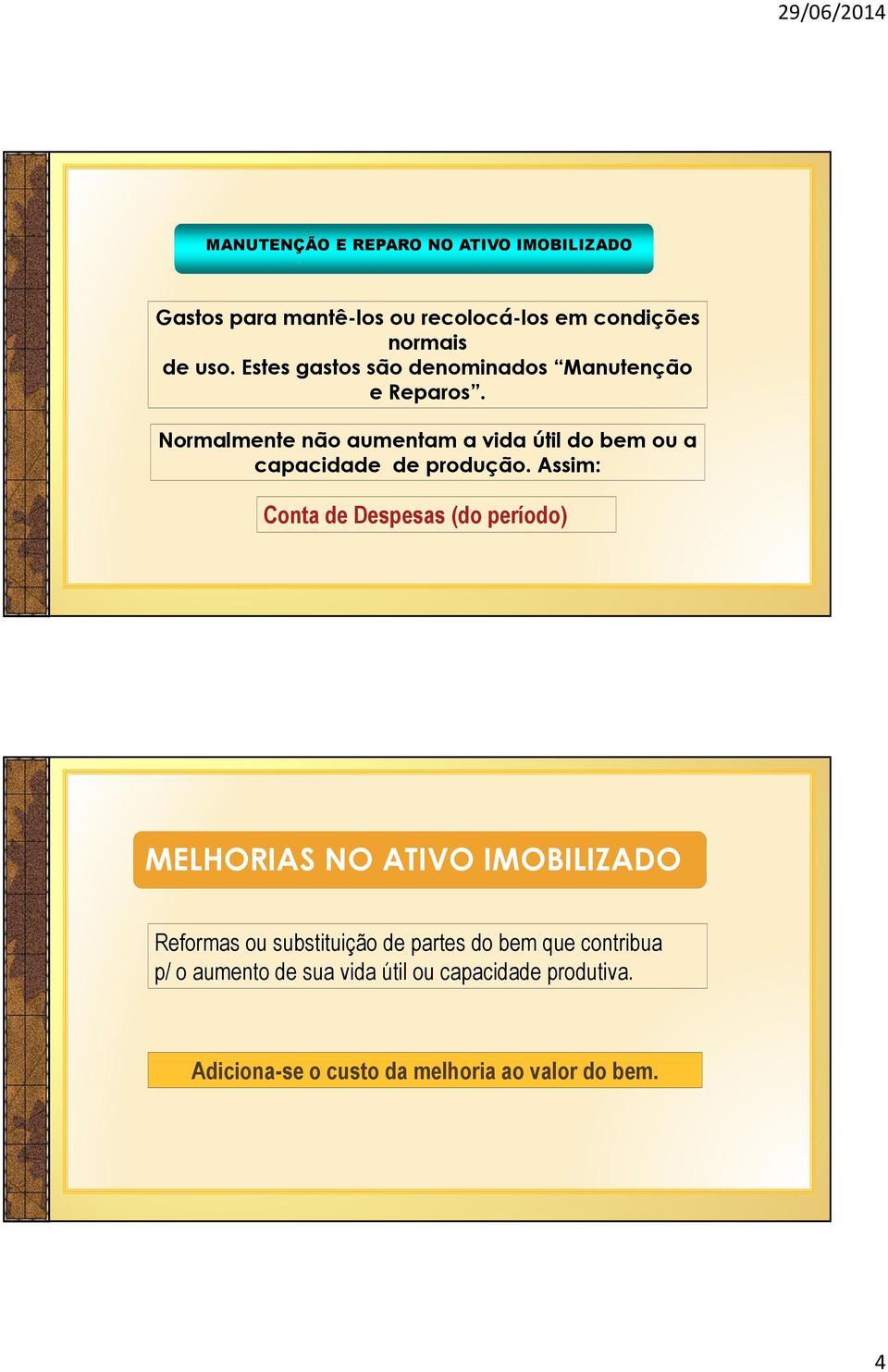 Normalmente não aumentam a vida útil do bem ou a capacidade de produção.