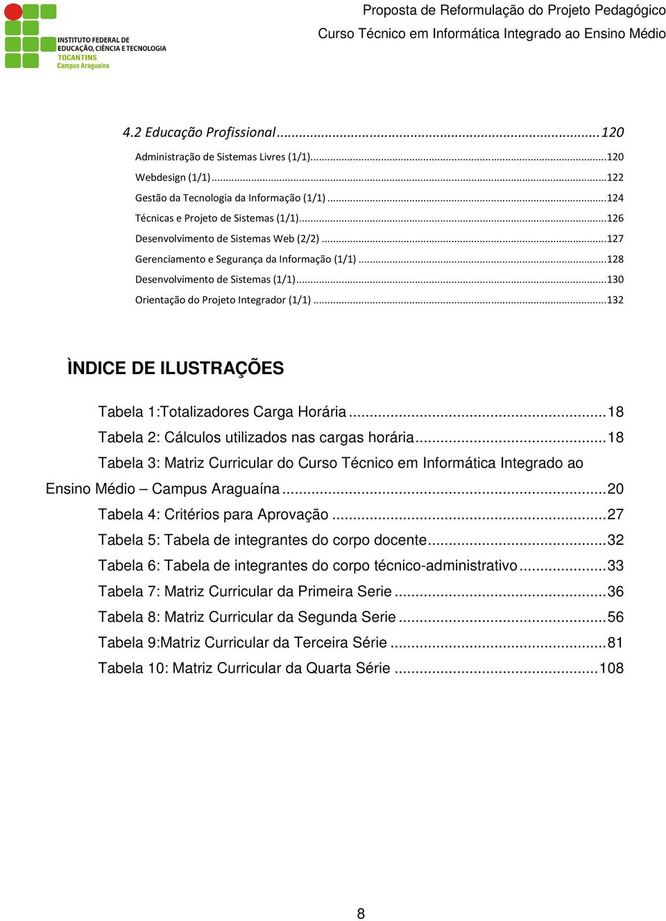 .. 132 ÌNDICE DE ILUSTRAÇÕES Tabela 1:Totalizadores Carga Horária... 18 Tabela 2: Cálculos utilizados nas cargas horária.