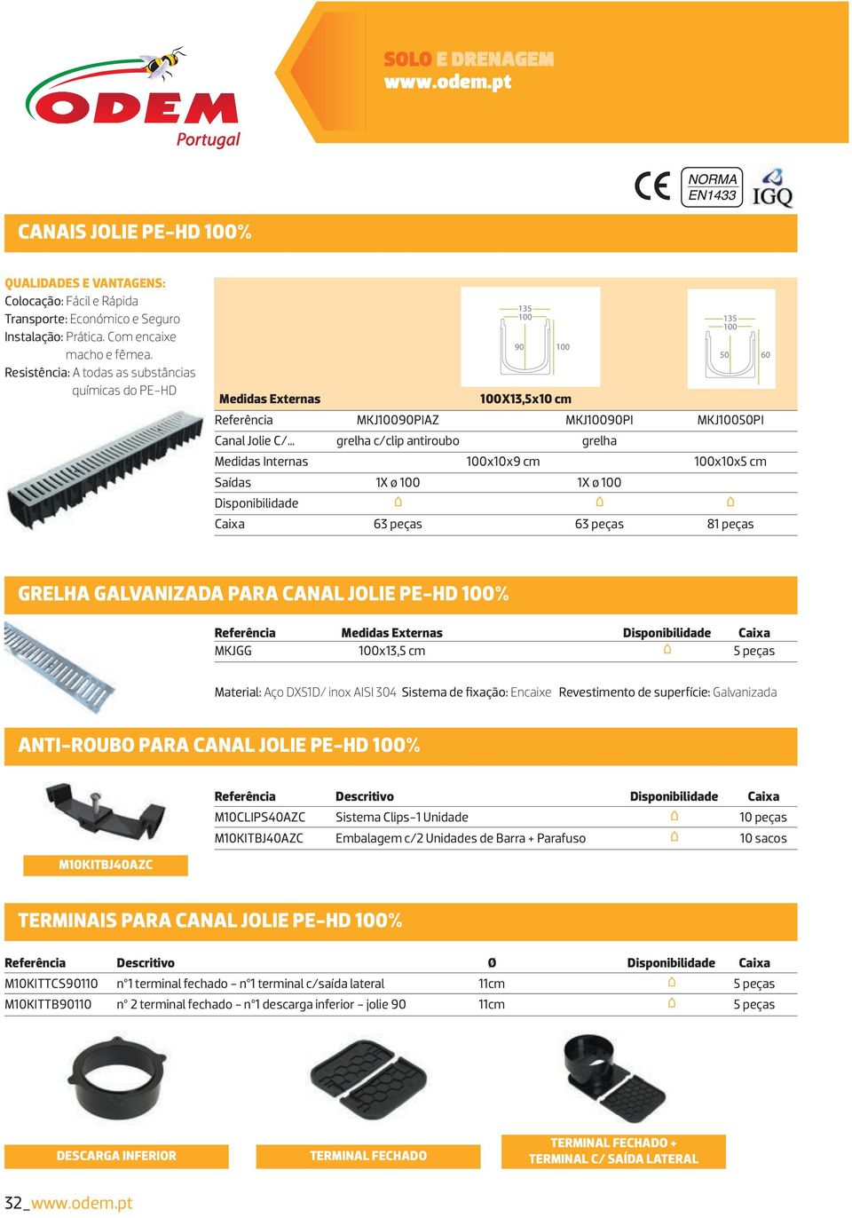 100x10x9 cm 100x10x5 cm Saídas 1X ø 100 1X ø 100 Disponibilidade Caixa 63 peças 63 peças 81 peças GRELHA GALVANIZADA PARA CANAL JOLIE PE-HD 100% Referência Medidas Externas Disponibilidade Caixa