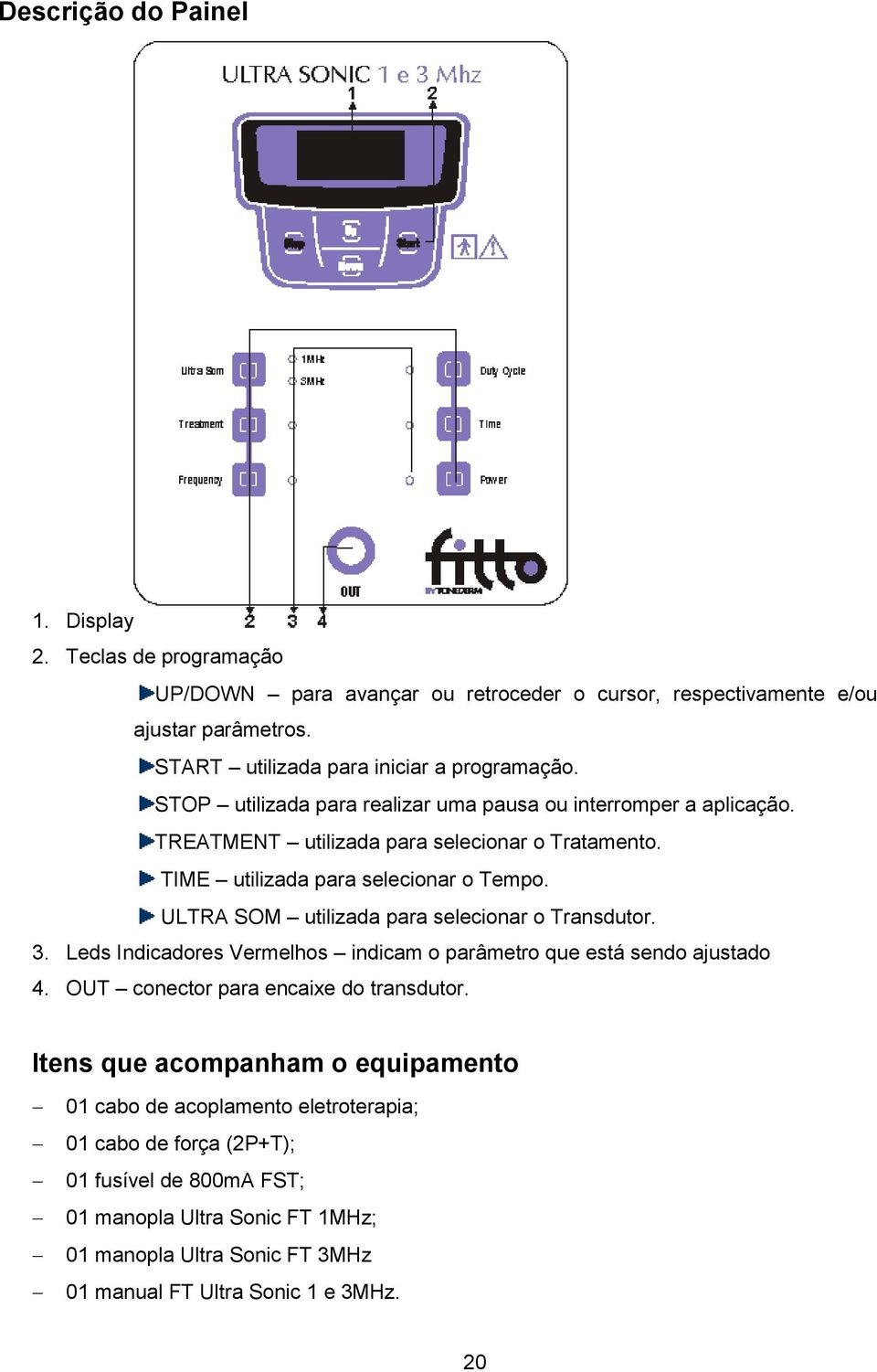 TIME utilizada para selecionar o Tempo. ULTRA SOM utilizada para selecionar o Transdutor. 3. Leds Indicadores Vermelhos indicam o parâmetro que está sendo ajustado 4.