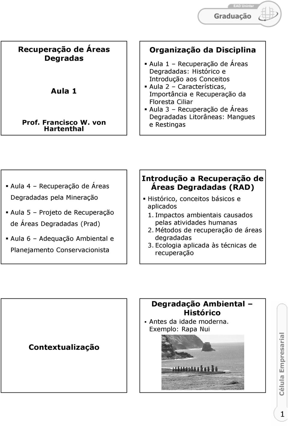 Degradadas Litorâneas: Mangues e Restingas Aula 4 Degradadas pela Mineração Aula 5 Projeto de Recuperação de Áreas Degradadas (Prad) Aula 6 Adequação Ambiental e Planejamento