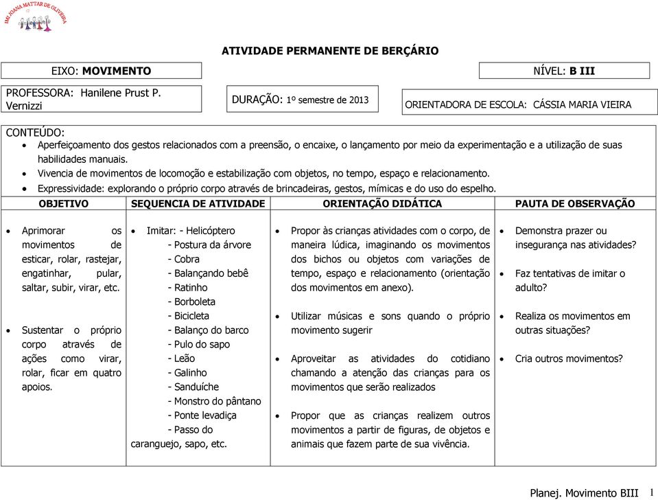 experimentação e a utilização de suas habilidades manuais. Vivencia de movimentos de locomoção e estabilização com objetos, no tempo, espaço e relacionamento.