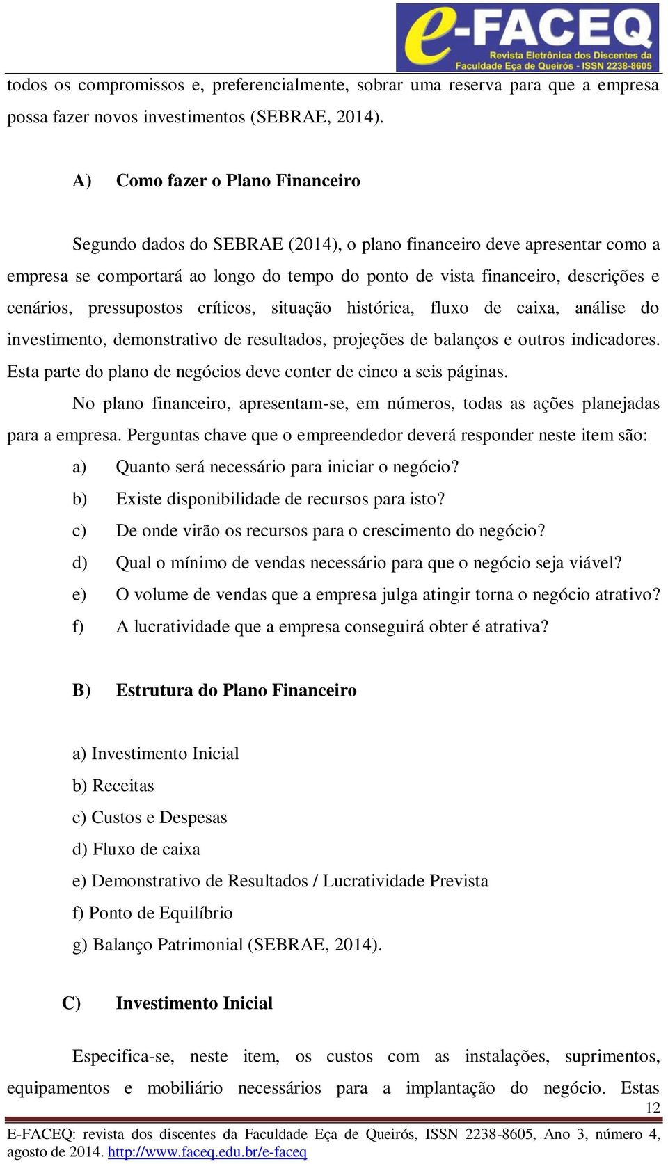 pressupostos críticos, situação histórica, fluxo de caixa, análise do investimento, demonstrativo de resultados, projeções de balanços e outros indicadores.