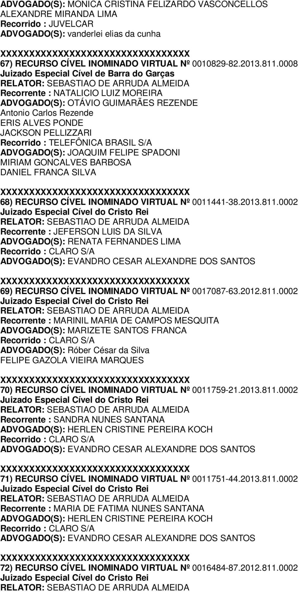 TELEFÔNICA BRASIL S/A ADVOGADO(S): JOAQUIM FELIPE SPADONI MIRIAM GONCALVES BARBOSA DANIEL FRANCA SILVA 68) RECURSO CÍVEL INOMINADO VIRTUAL Nº 0011441-38.2013.811.