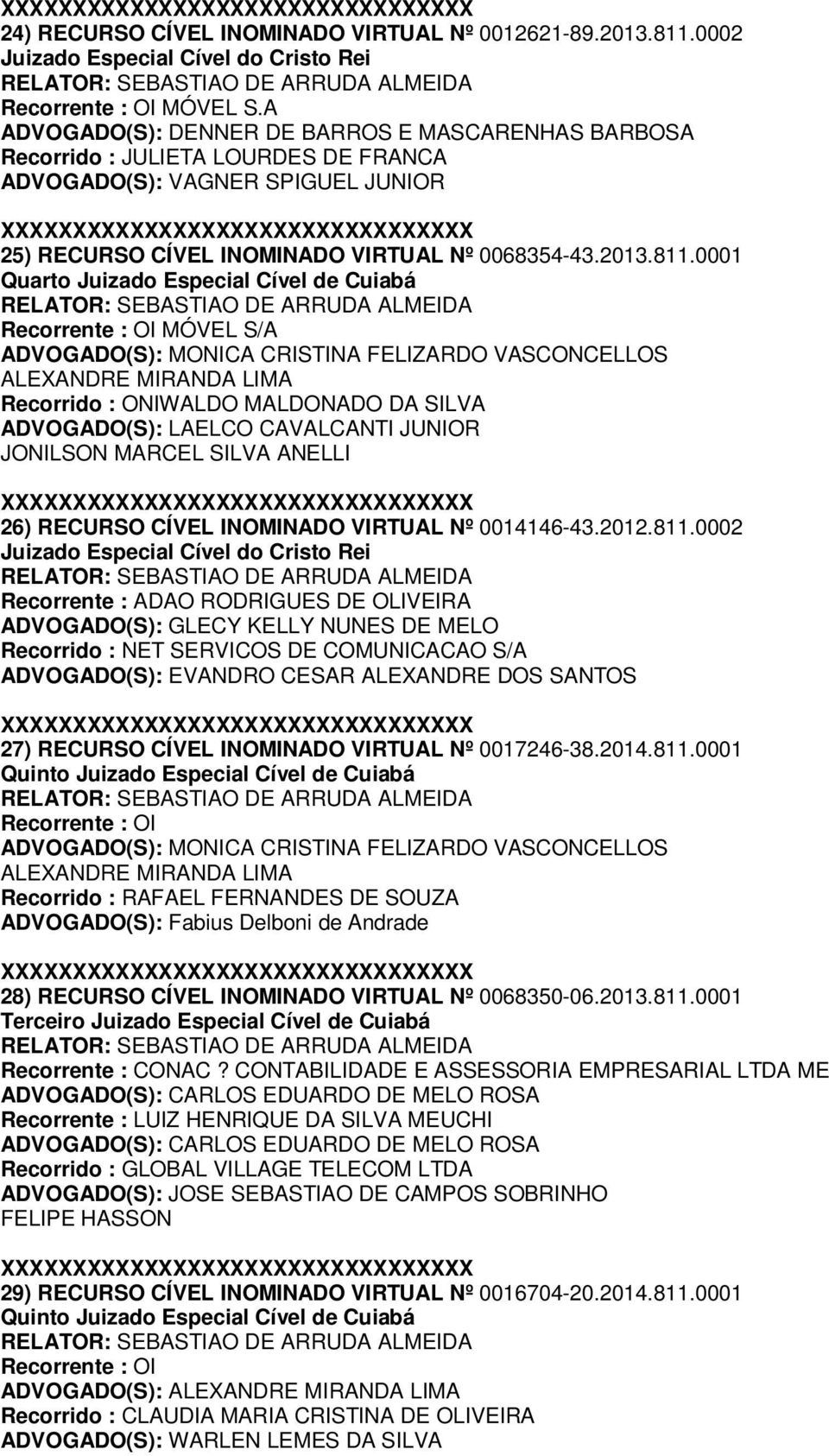 0001 MÓVEL S/A Recorrido : ONIWALDO MALDONADO DA SILVA ADVOGADO(S): LAELCO CAVALCANTI JUNIOR JONILSON MARCEL SILVA ANELLI 26) RECURSO CÍVEL INOMINADO VIRTUAL Nº 0014146-43.2012.811.