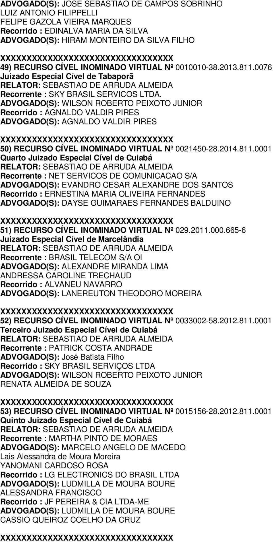 ADVOGADO(S): WILSON ROBERTO PEIXOTO JUNIOR Recorrido : AGNALDO VALDIR PIRES ADVOGADO(S): AGNALDO VALDIR PIRES 50) RECURSO CÍVEL INOMINADO VIRTUAL Nº 0021450-28.2014.811.