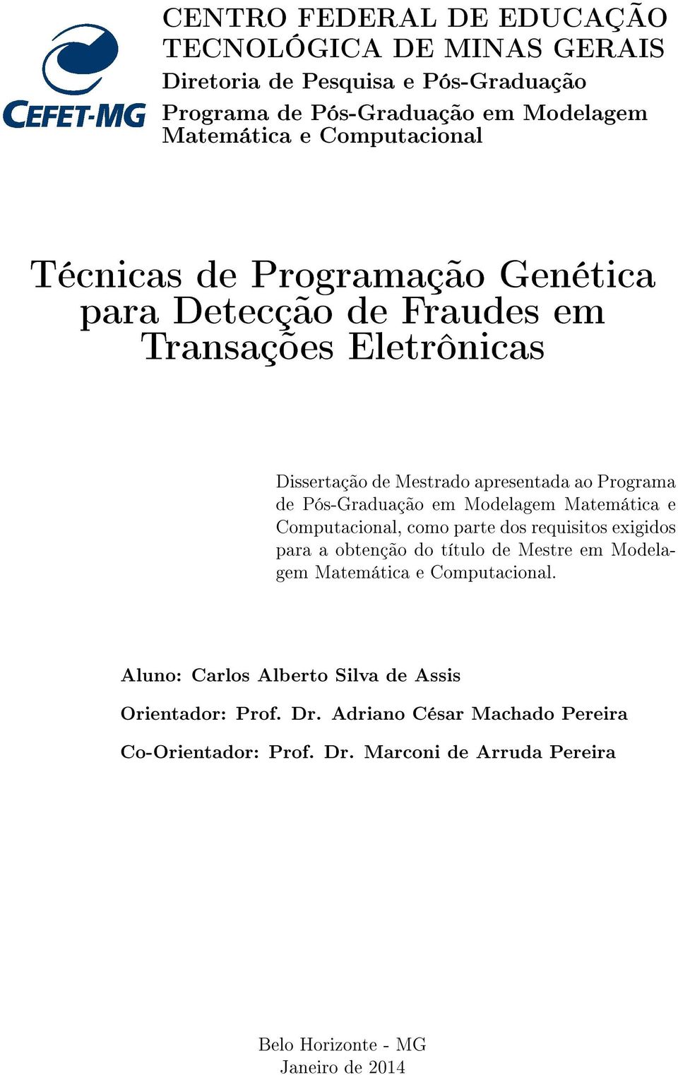 Modelagem Matemática e Computacional, como parte dos requisitos exigidos para a obtenção do título de Mestre em Modelagem Matemática e Computacional.