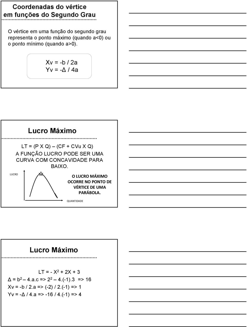 Xv = -b / 2a Yv = -Δ / 4a Lucro Máximo LT = (P X Q) (CF + CVu X Q) A FUNÇÃO LUCRO PODE SER UMA CURVA COM CONCAVIDADE PARA