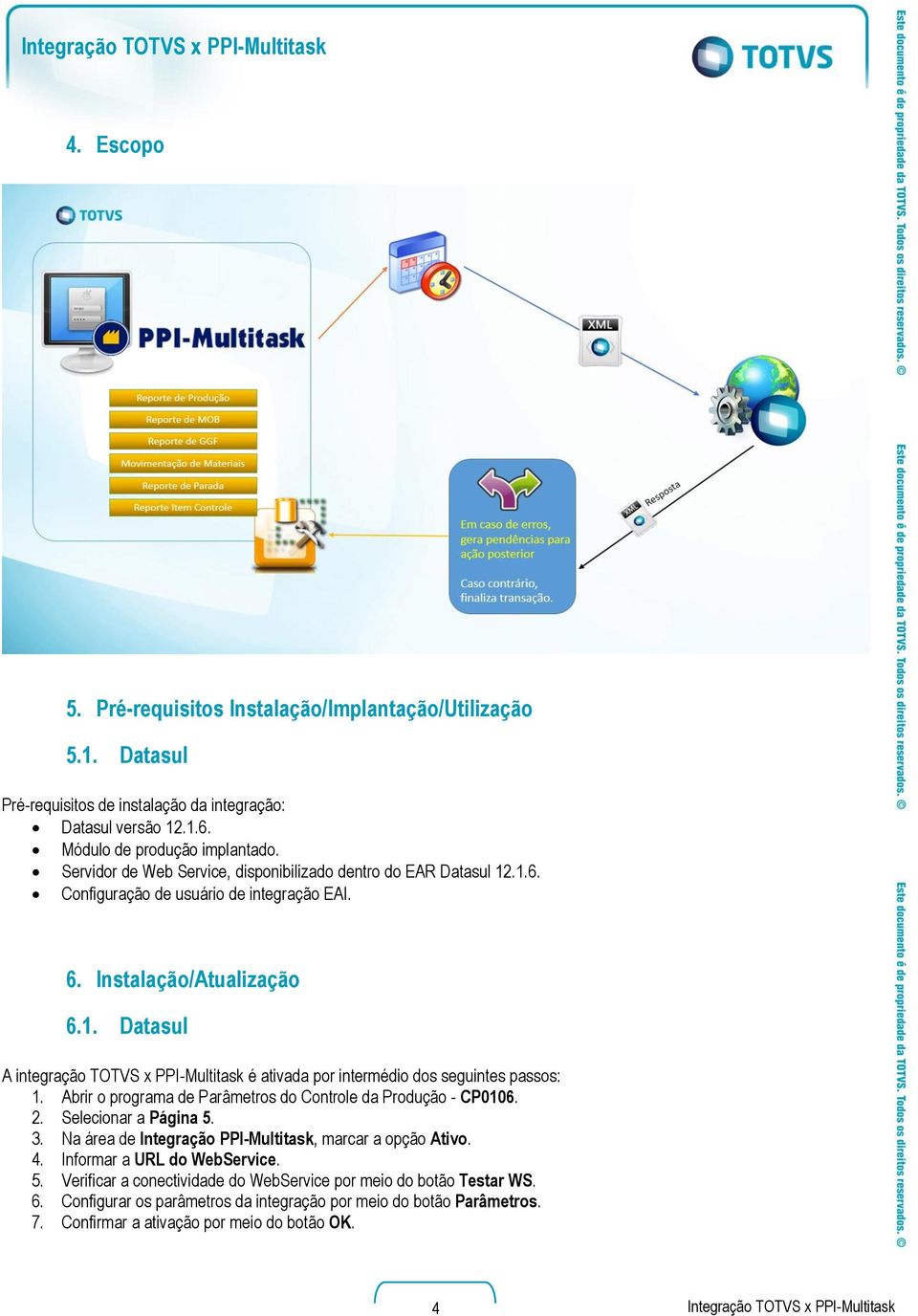 Abrir o programa de Parâmetros do Controle da Produção - CP0106. 2. Selecionar a Página 5. 3. Na área de Integração PPI-Multitask, marcar a opção Ativo. 4. Informar a URL do WebService. 5. Verificar a conectividade do WebService por meio do botão Testar WS.