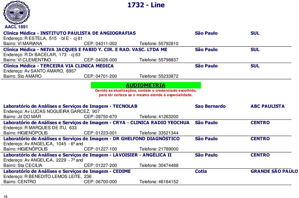 LTDA ME São Paulo SUL Endereço: R Dr BACELAR, 173 - cj 63 Bairro: Vl CLEMENTINO CEP: 04026-000 Telefone: 55798837 Clínica Médica - TERCEIRA VIA CLINICA MEDICA São Paulo SUL Endereço: Av SANTO AMARO,