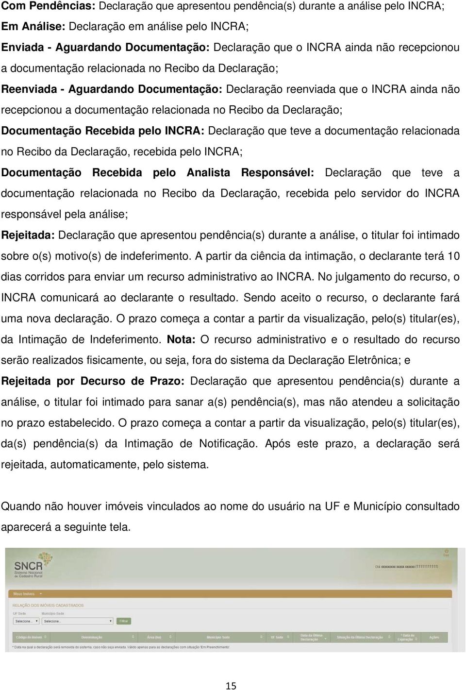 Declaração; Documentação Recebida pelo INCRA: Declaração que teve a documentação relacionada no Recibo da Declaração, recebida pelo INCRA; Documentação Recebida pelo Analista Responsável: Declaração