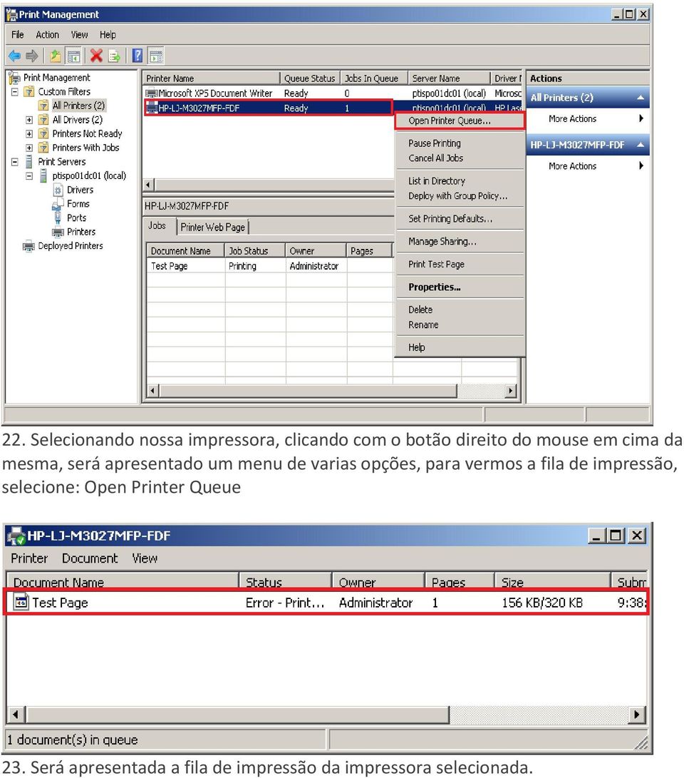 opções, para vermos a fila de impressão, selecione: Open Printer