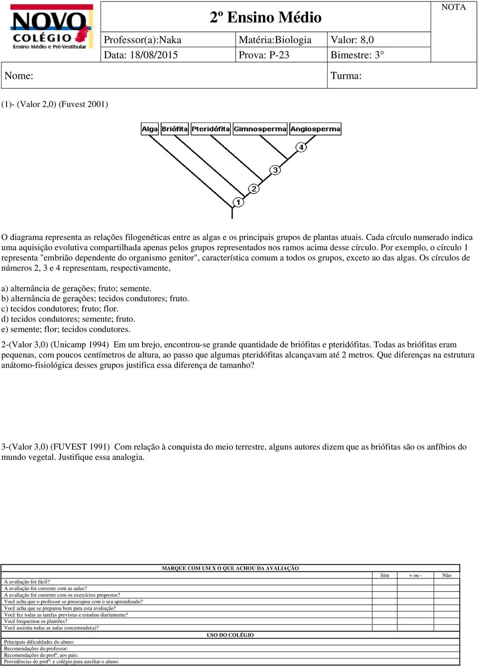 Por exemplo, o círculo 1 representa "embrião dependente do organismo genitor", característica comum a todos os grupos, exceto ao das algas.