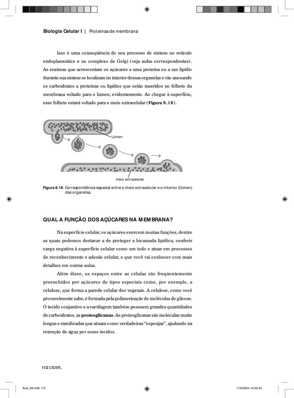 inseridos no folheto da membrana voltado para o lúmen, evidentemente. Ao chegar à superfície, esse folheto estará voltado para o meio extracelular (Figura 8.16). Lúmen meio extracelular Figura 8.