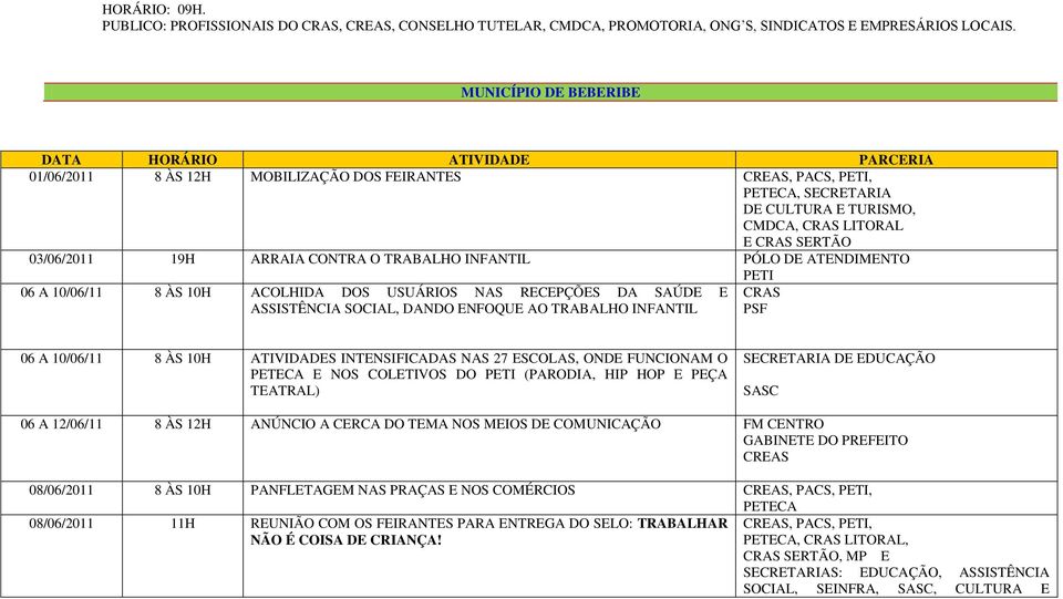 03/06/2011 19H ARRAIA CONTRA O TRABALHO INFANTIL PÓLO DE ATENDIMENTO PETI 06 A 10/06/11 8 ÀS 10H ACOLHIDA DOS USUÁRIOS NAS RECEPÇÕES DA SAÚDE E ASSISTÊNCIA SOCIAL, DANDO ENFOQUE AO TRABALHO INFANTIL