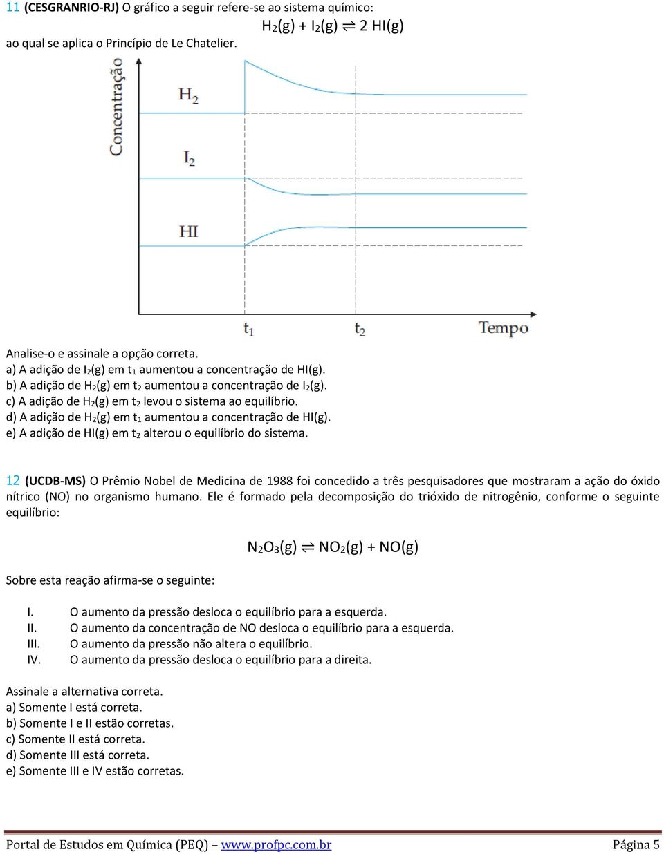 d) A adição de H 2(g) em t 1 aumentou a concentração de HI(g). e) A adição de HI(g) em t 2 alterou o equilíbrio do sistema.