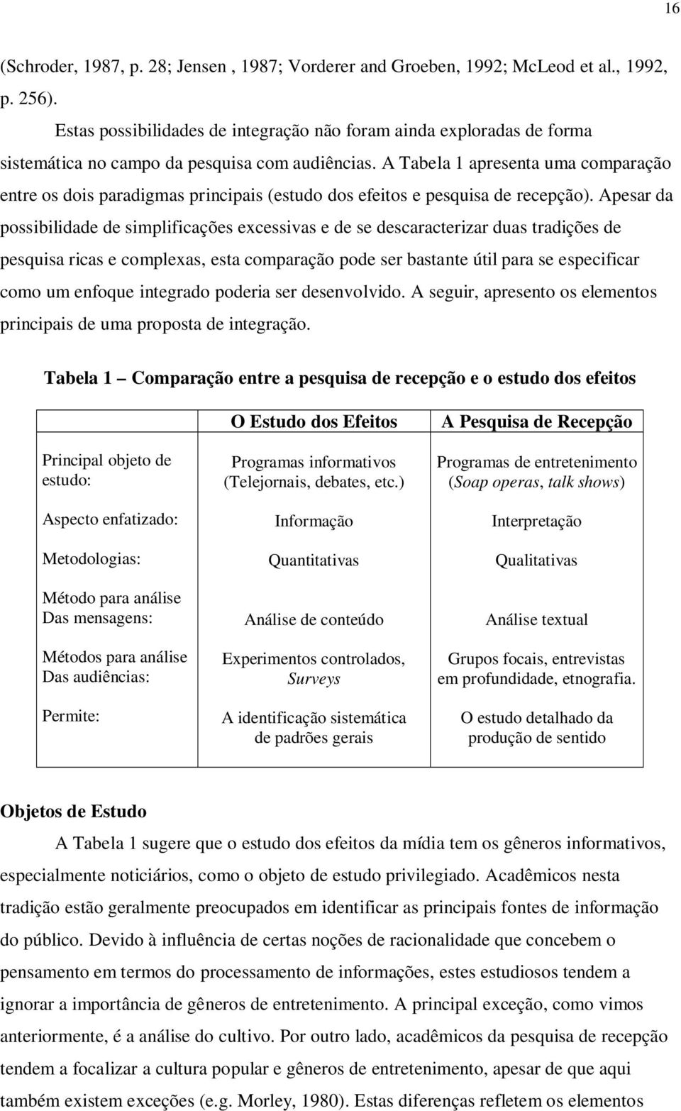 A Tabela 1 apresenta uma comparação entre os dois paradigmas principais (estudo dos efeitos e pesquisa de recepção).