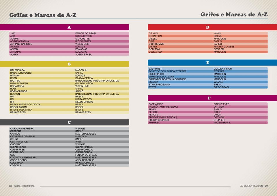 Biotrue BMW Eyewear Bora Bora Boss Boss Orange Boston BPI BPI BPI Brevil Anti-Risco Digital Brevil Digital Brevil Pediátrica Bright Eyes C Marcolin Lougge Innova Optical Bausch+Lomb Indústria Ótica