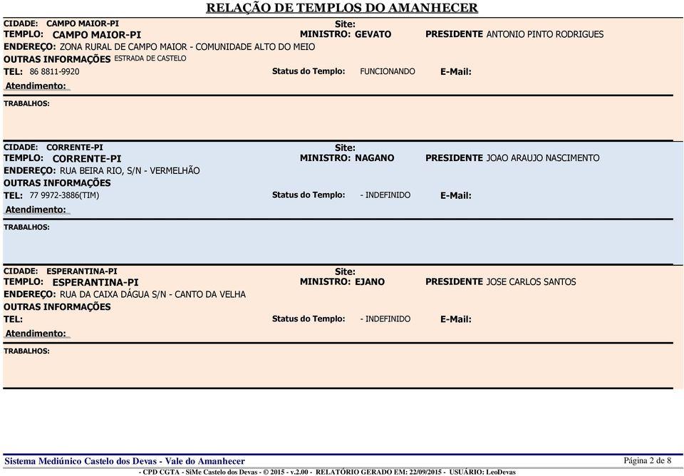 BEIRA RIO, S/N - VERMELHÃO TEL: 77 9972-3886(TIM) Status do Templo: - INDEFINIDO E-Mail: CIDADE: ESPERANTINA-PI TEMPLO: ESPERANTINA-PI MINISTRO: EJANO PRESIDENTE JOSE