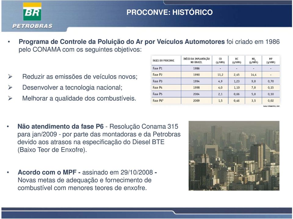 Não atendimento da fase P6 - Resolução Conama 315 para jan/2009 - por parte das montadoras e da Petrobras devido aos atrasos na especificação