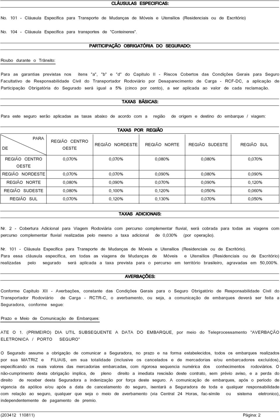 Responsabilidade Civil do Transportador Rodoviário por Desaparecimento de Carga - RCF-DC, a aplicação de Participação Obrigatória do Segurado será igual a 5% (cinco por cento), a ser aplicada ao