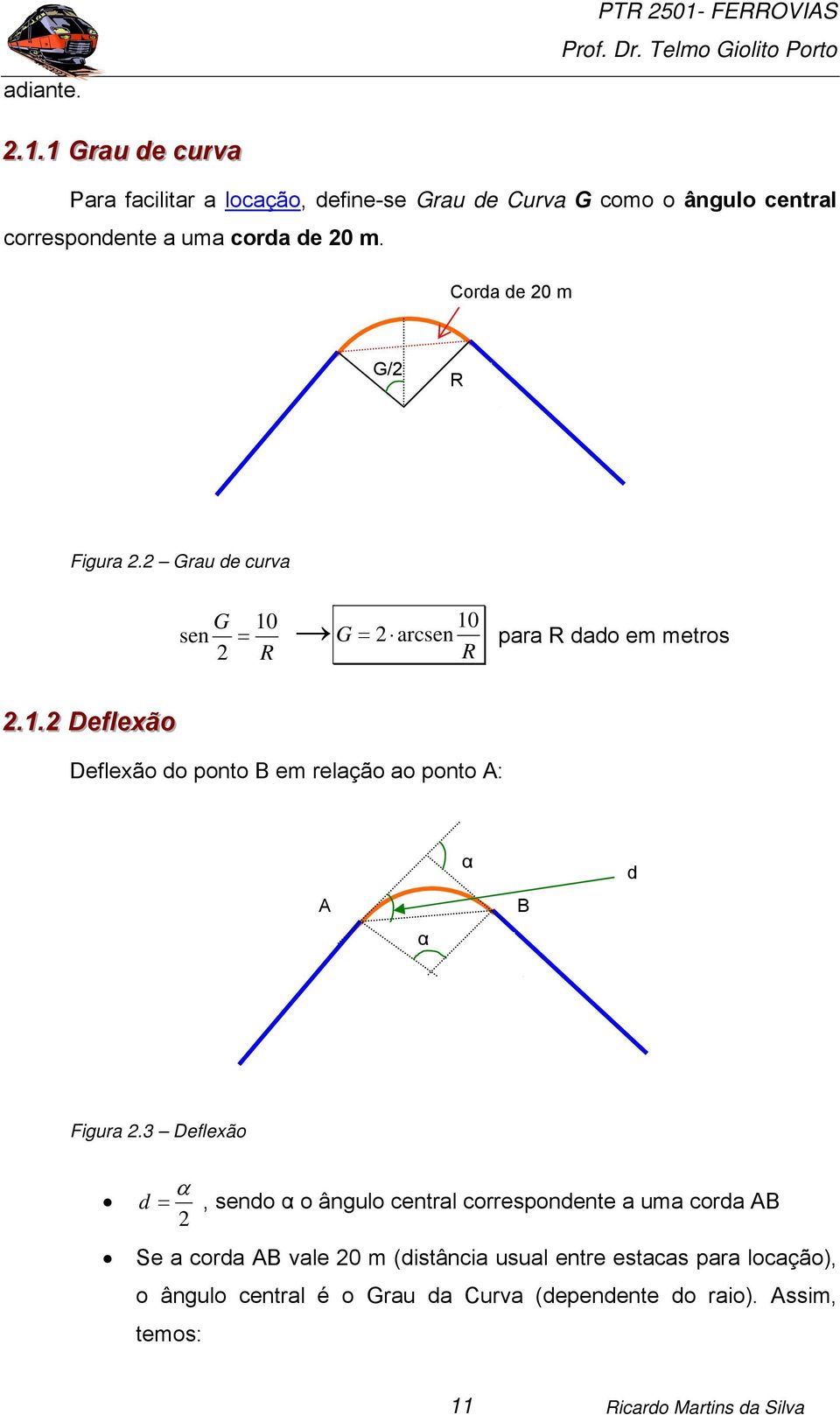 1 Grrau de currva Para facilitar a locação, define-se Grau de Curva G como o ângulo central correspondente a uma corda de 0 m.