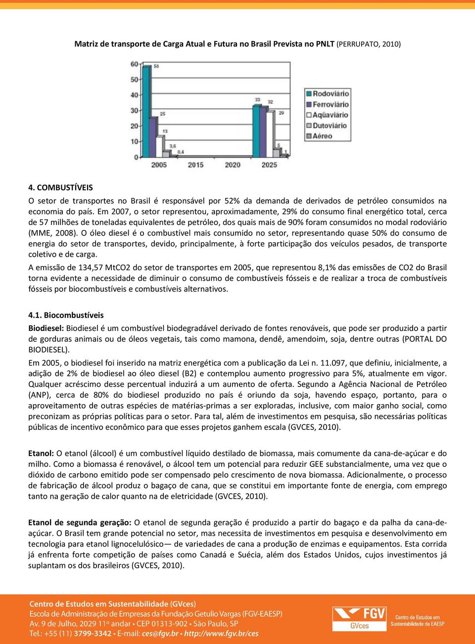 Em 2007, o setor representou, aproximadamente, 29% do consumo final energético total, cerca de 57 milhões de toneladas equivalentes de petróleo, dos quais mais de 90% foram consumidos no modal